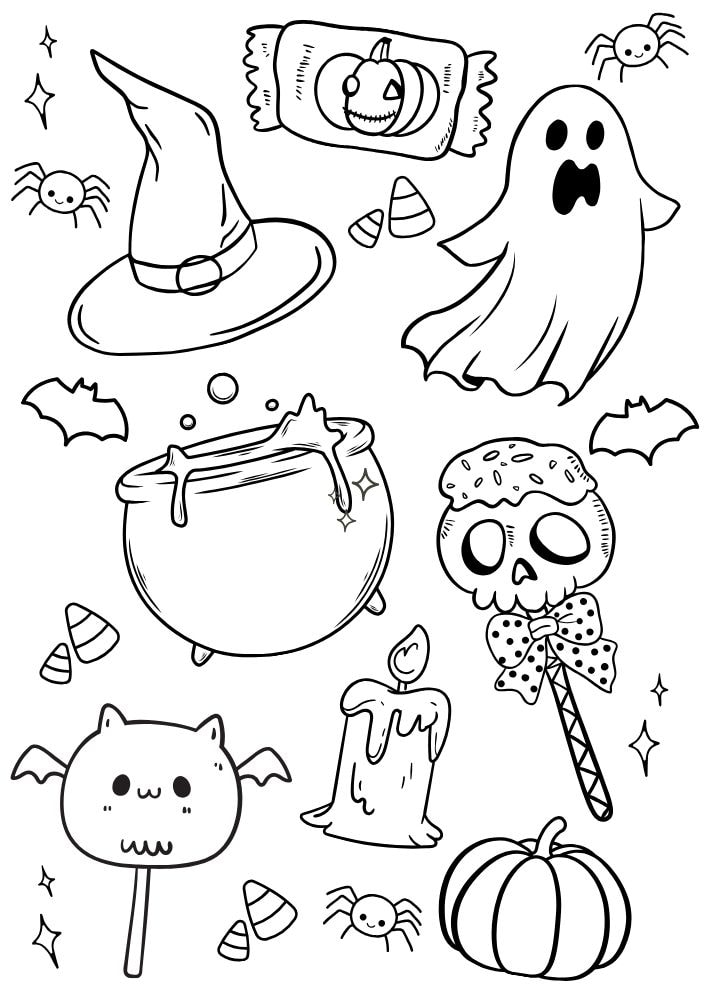 Free Halloween Printable Coloring Pages for Kids Colouring Book Spooky candy witches hat cauldron ghost spider skull lollipop candle pumpkin candy corn