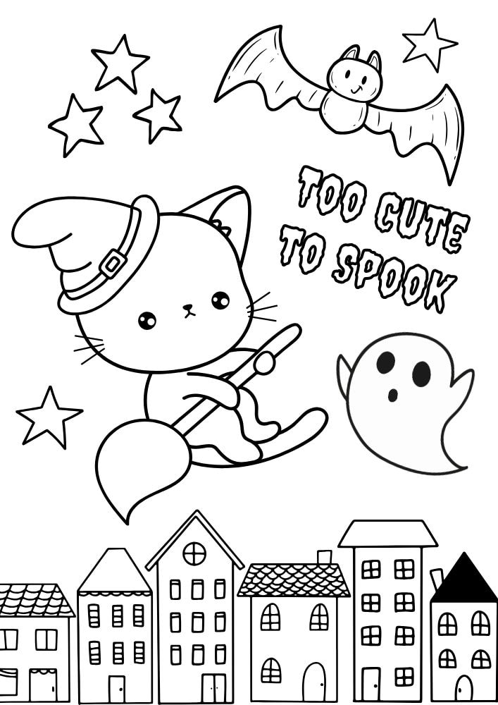 Free Halloween Printable Coloring Pages for Kids Colouring Book Spooky cat witch cute ghost bat town happy halloween