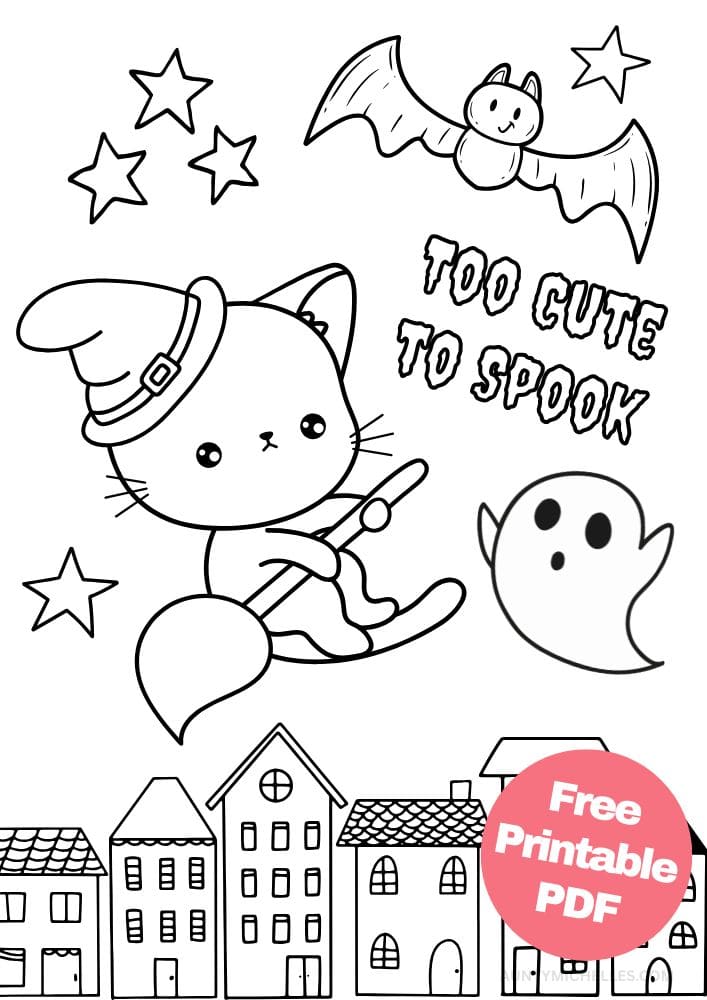This printable coloring page for kids has a cute cat dressed as a witch flying over a town on a broomstick. The town have several little buildings and there is a ghost, bat and stars in the sky. It says "Too cute to spook" in creepy letters.
