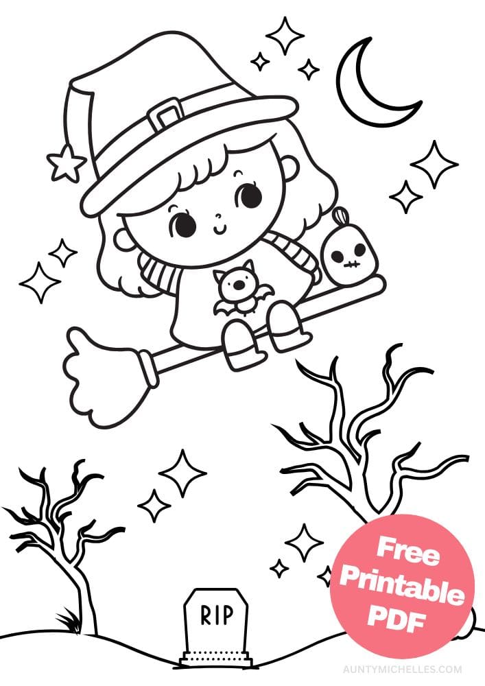 This printable coloring page for kids has a cute witch wearing a shirt with a bat on it flying on a broom over a cemetery with creepy trees and a jack-o-lantern. In the sky are stars and a moon.