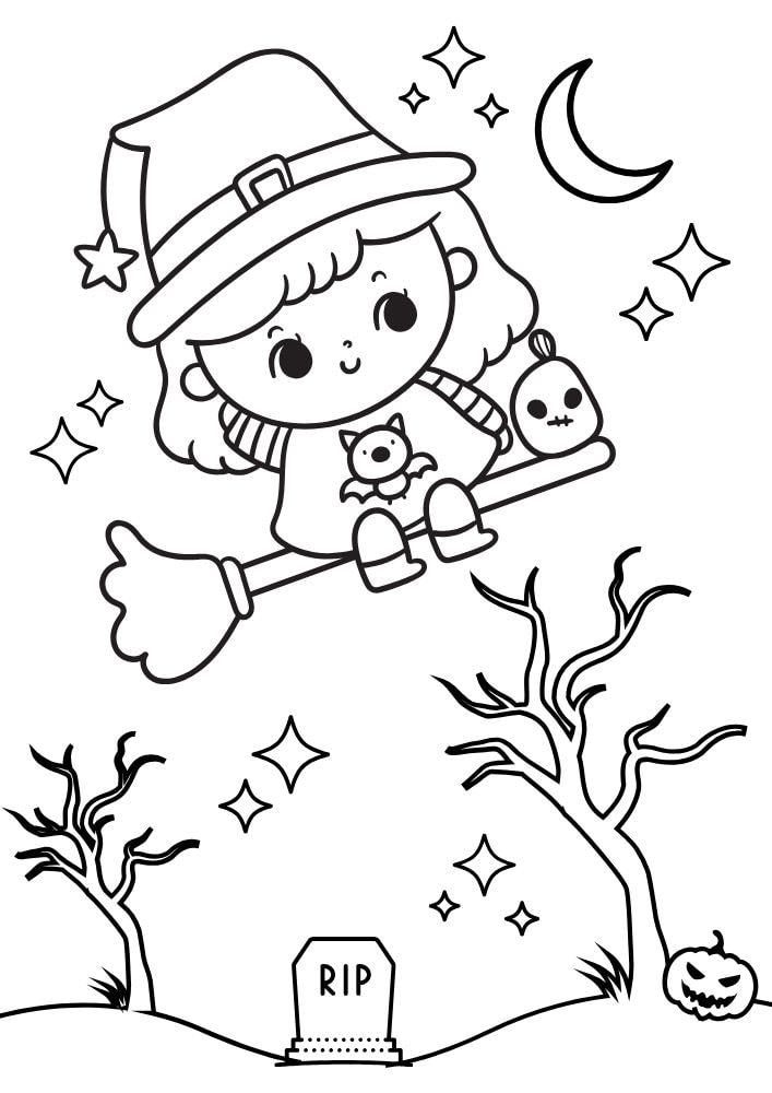 Free Halloween Printable Coloring Pages for Kids Colouring Book Spooky cute witch moon cemetery graveyard tombstone tree pumpkin moon star broom hat bat