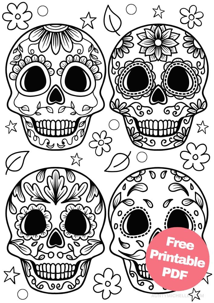 This printable coloring page for kids has skulls decorated for the Day of the Dead surrounded by flowers, leaves, and stars. Each skull is decorated with flowers, leaves, and fun designs that can be colored in with bright colors.