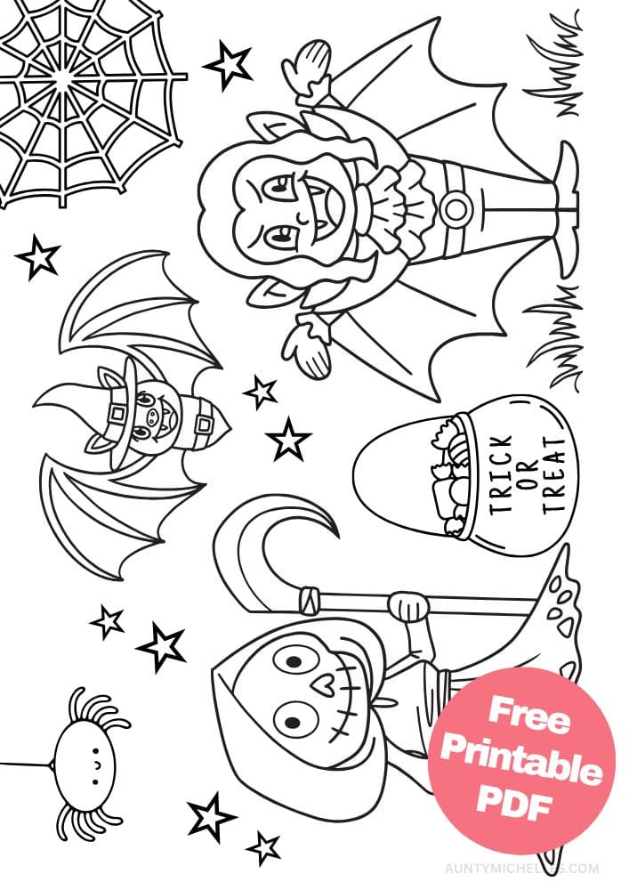 This printable coloring page for kids has kids dressed as the grim reaper and Dracula. They're standing next to a big bucket of candy that says "Trick or Treat." Above them is a bat dressed in a witches hat, a spider hanging from the ceiling, and a spider web.