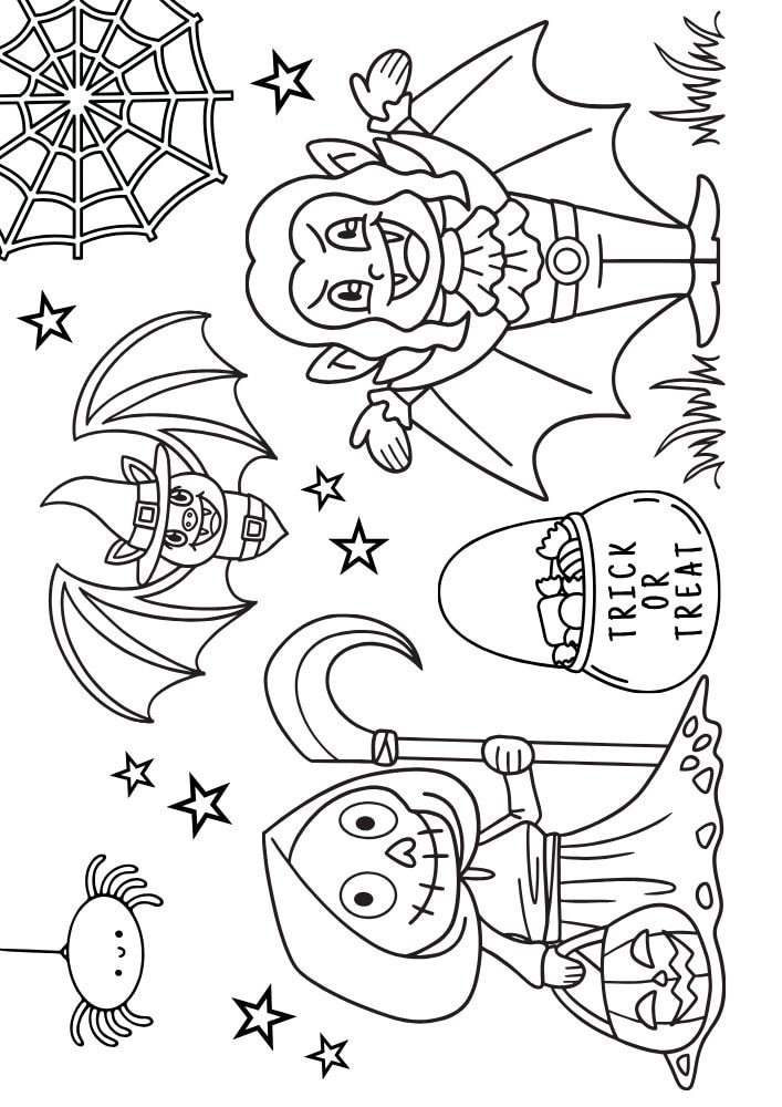 Free Halloween Printable Coloring Pages for Kids Colouring Book Spooky dracula trick or treat grim reaper bat spider web candy costumes