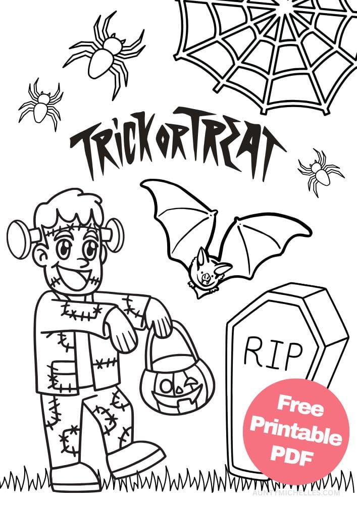 This printable coloring page for kids has a boy dressed as Frankenstein holding a bucket of Halloween candy, a bat flying through the air, a coffin that says RIP, spiders, a spider web and the words "Trick or Treat."