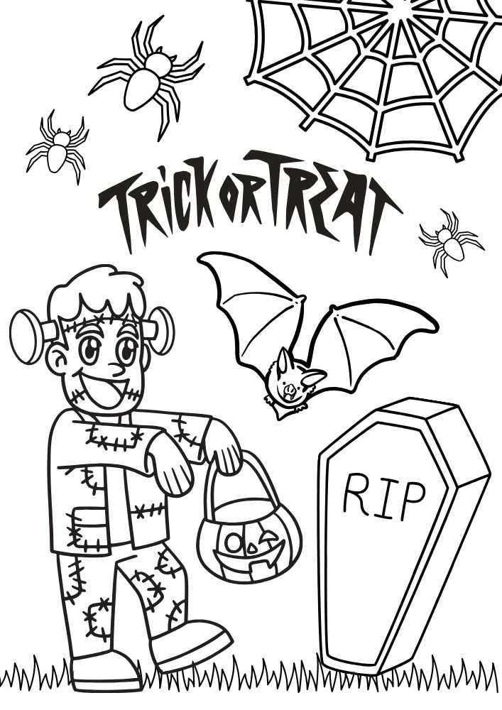 Free Halloween Printable Coloring Pages for Kids Colouring Book Spooky frankenstein dracula bat coffin trick or treat spider spider web