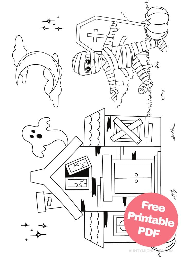 This printable coloring page for kids has a mummy walking outside of an abandoned haunted house with a ghost coming out of the attic. There's a pumpkin in front of the house and a cemetery to the right. In the sky is a crescent moon, stars, and clouds.