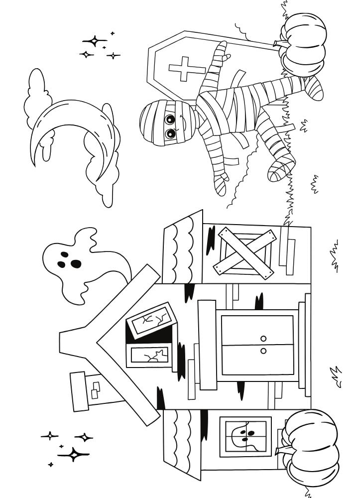 Free Halloween Printable Coloring Pages for Kids Colouring Book Spooky haunted house mummy zombie graveyard tombstone cemetery ghost moon pumpkin