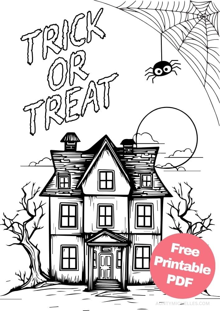 This printable coloring page for kids has a creepy old haunted house with bare trees on both sides. There's a full moon peaking through behind clouds. On the top of the page is a spider web with a spider hanging down and the words "Trick or Treat" are written in creepy outlined letters.