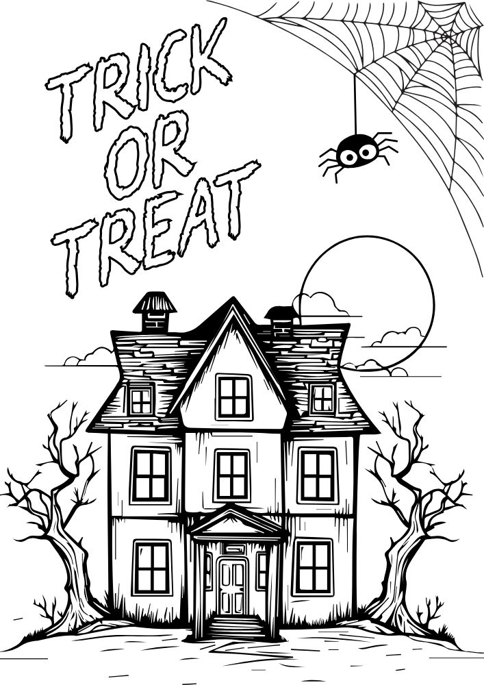 Free Halloween Printable Coloring Pages for Kids Colouring Book Spooky haunted house trick or treat spider moon trees