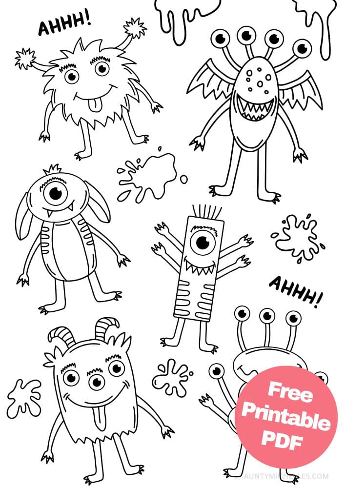 This printable coloring page for kids has a bunch of cute goofy looking monsters or aliens with goo splattered between and the words "AHHH!" written twice. Each monster is unique. Some have to many arms and legs, others have wings. Some have one eye while others have five. Some are fuzzy and others are hairless.