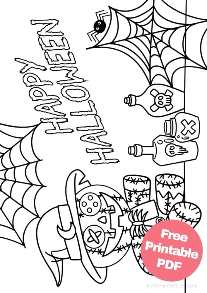 This printable coloring page for kids has a creepy but cute pumpkin doll wearing a witches hat, two spider webs, a spider, and three bottles with either a skull or x on them to mark them as poison. The words "Happy Halloween" are written above in outlined letters that can be colored in.