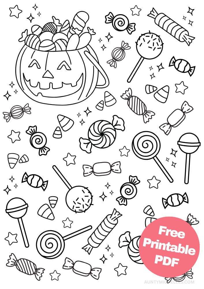 This printable coloring page for kids has a jack-o-lantern filled with candy and lots of Halloween candy all over the page including candy corn, lollipops, smarties, and wrapped hard candies.