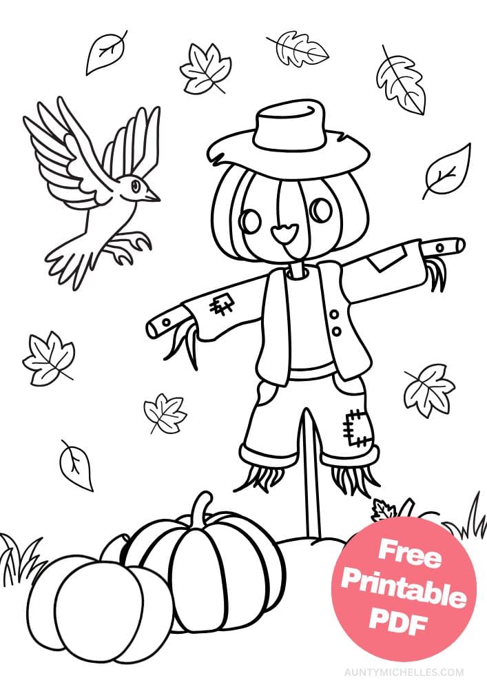 This printable coloring page for kids has a cute scarecrow with a jack-o-lantern head wearing a hat. He's standing in a pumpkin patch with three pumpkins and leaves falling. There's also a crow flying nearby.