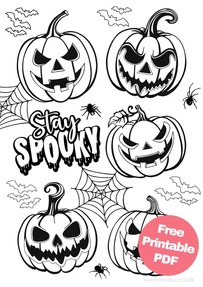 This printable coloring page for kids has five different scary jack-o-lanterns with the words "stay spooky" in outlined letters that you can color in. There are also bats, spider webs, and spiders around the pumpkins.