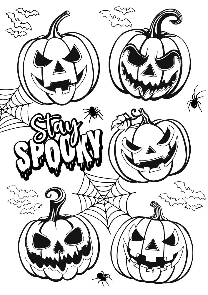 Free Halloween Printable Coloring Pages for Kids Colouring Book Spooky scary jack o lantern stay spooky spider spider web bat pumpkin carving