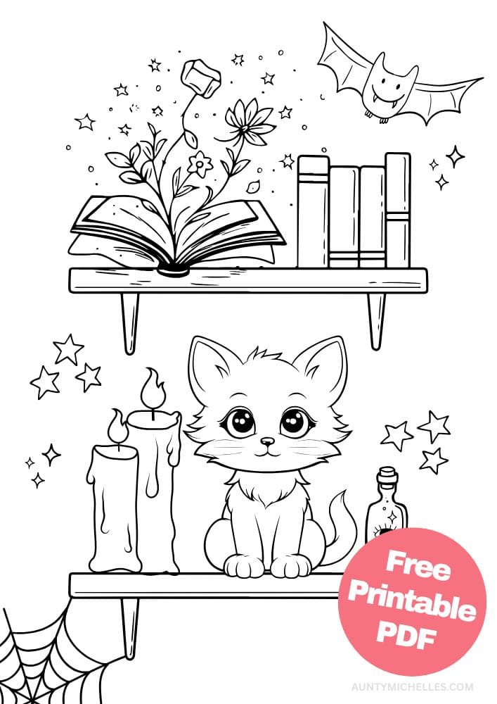 This printable coloring page for kids has shelves hanging on the wall of a witches house. The top shelf has books with one opened with flowers and stars magically coming out of it. The bottom shelf has a cute cat, candles, and a potion. There's also a flying bat in the air and a spider web.