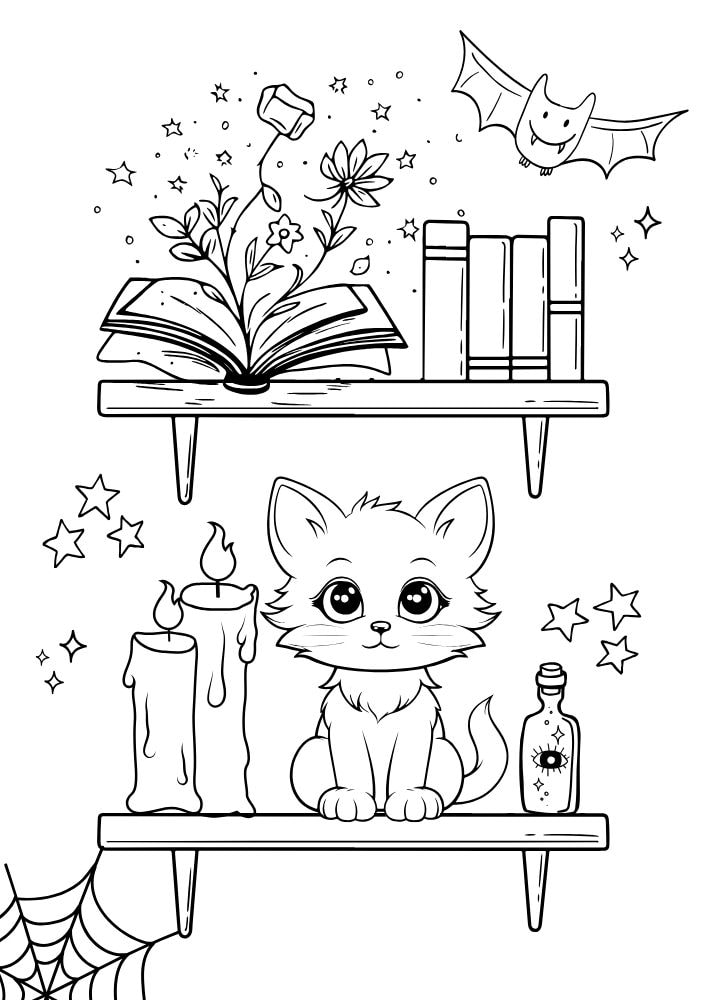 Free Halloween Printable Coloring Pages for Kids Colouring Book Spooky witches shelf magic book bat candles cat potion cobweb spider web