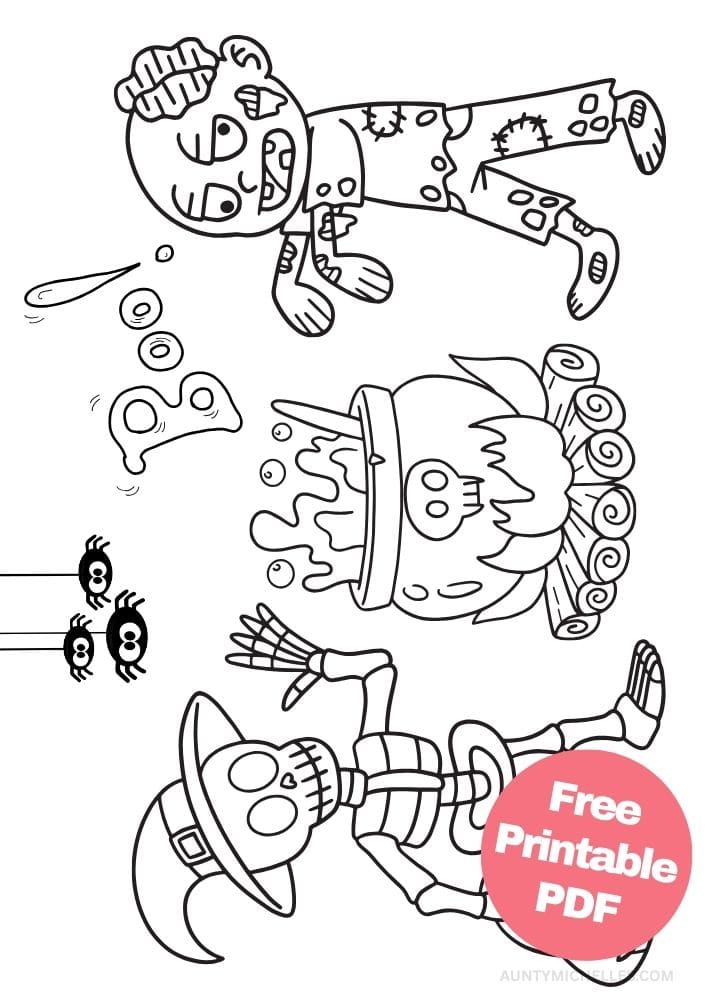 This printable coloring page for kids has a kid dressed as a zombie for Halloween and a skeleton dressed as a witch holding a bucket of candy. They're next to a witches cauldron with cute spiders handing down from above and the word "boo" in outlined letters.