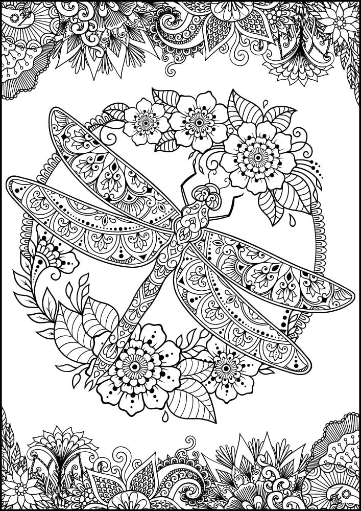 Free Insect Mandala Printable Coloring Pages for Adults Colouring Book Meditation Mindful Mindfulness Bug dragonfly dragon fly flowers circle boarder garden animal