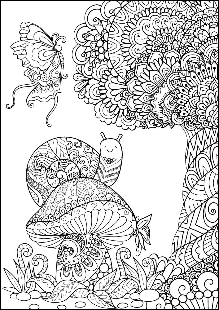 Free Insect Mandala Printable Coloring Pages for Adults Colouring Book Meditation Mindful Mindfulness Bug snail slug shell mushroom garden tree flowers butterfly animal