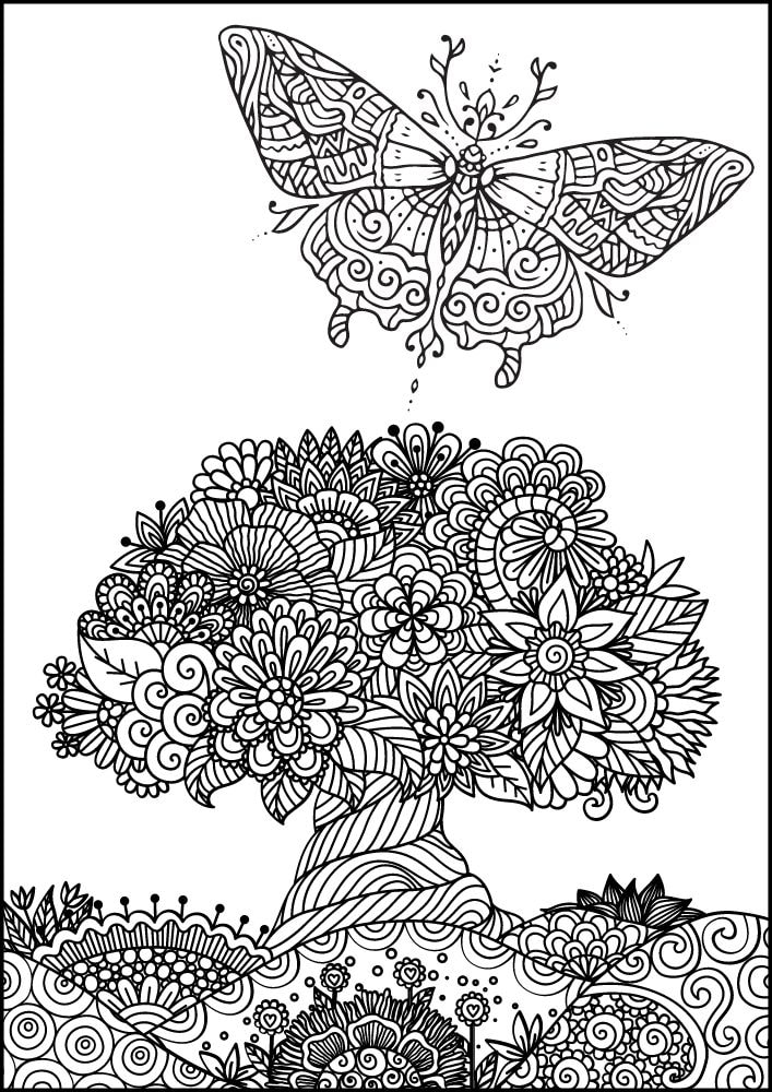 Free Insect Mandala Printable Coloring Pages for Adults Colouring Book Meditation Mindful Mindfulness Bug tree field butterfly hills flowers animal