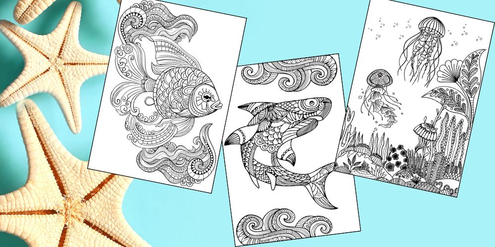 Free Ocean Animals Coloring Pages for Adults Feature