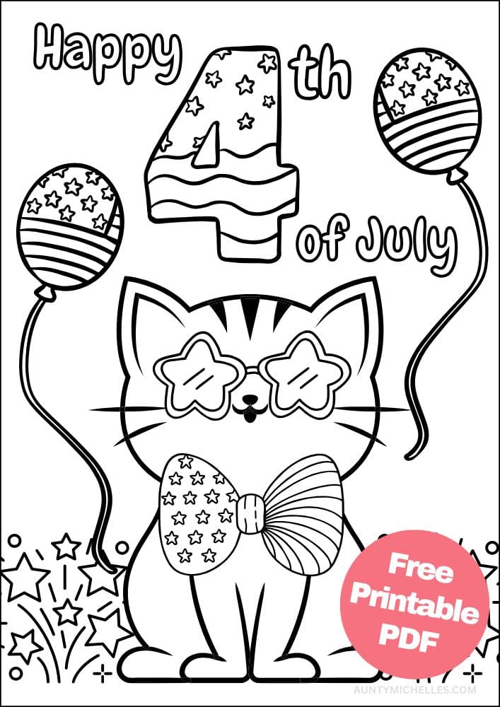 Free Printable 4th of July Coloring Pages for Kids Coloring Sheets Colouring Book PDF Download Independence Day USA America United States Cat Stars Stripes Balloons