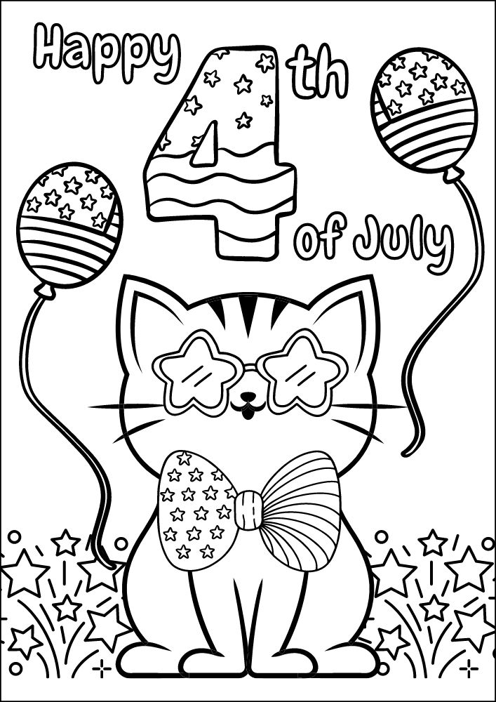 Free Printable 4th of July Coloring Pages for Kids Coloring Sheets Colouring Book PDF Download Independence Day USA America United States Cat Stars Stripes Balloons