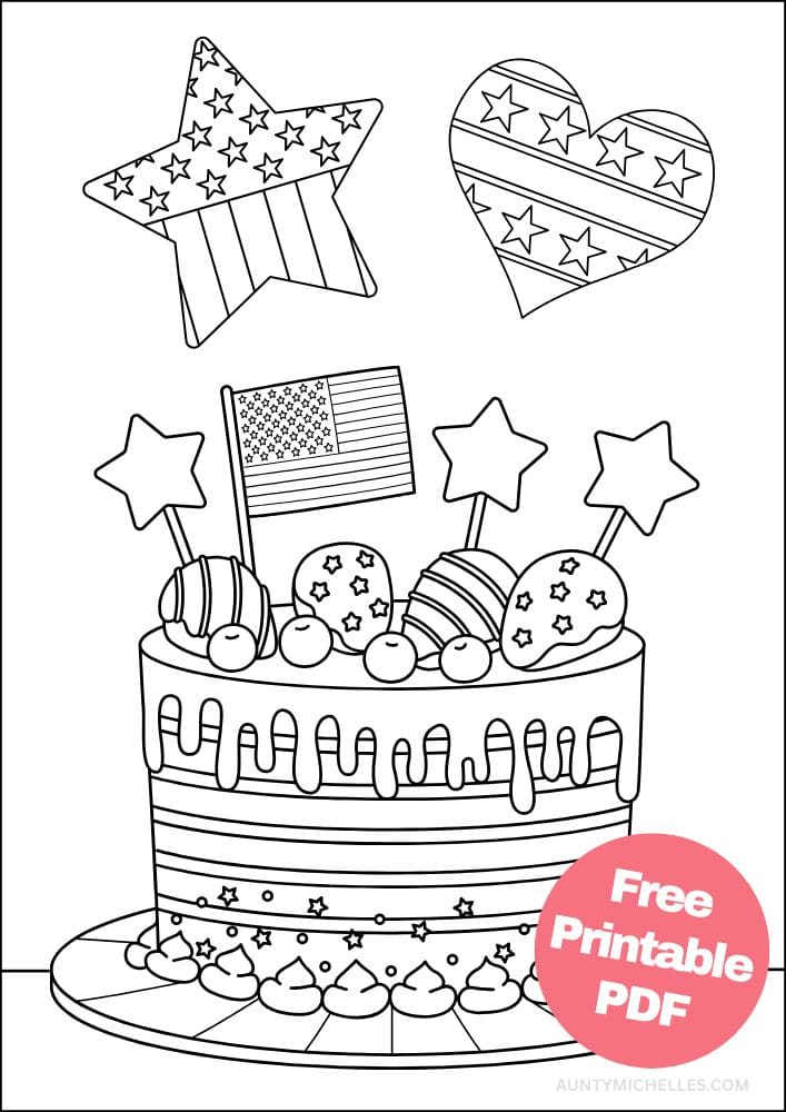 Free Printable 4th of July Coloring Pages for Kids Coloring Sheets Colouring Book PDF Download Independence Day USA America United States cake flag star stars stripes