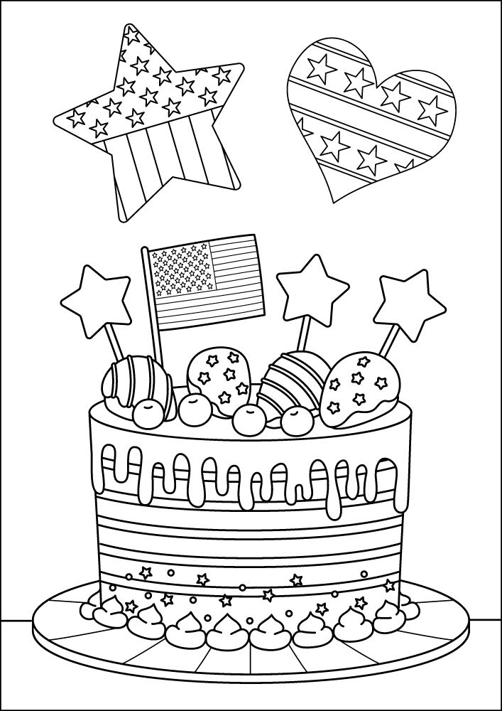 Free Printable 4th of July Coloring Pages for Kids Coloring Sheets Colouring Book PDF Download Independence Day USA America United States cake flag star stars stripes