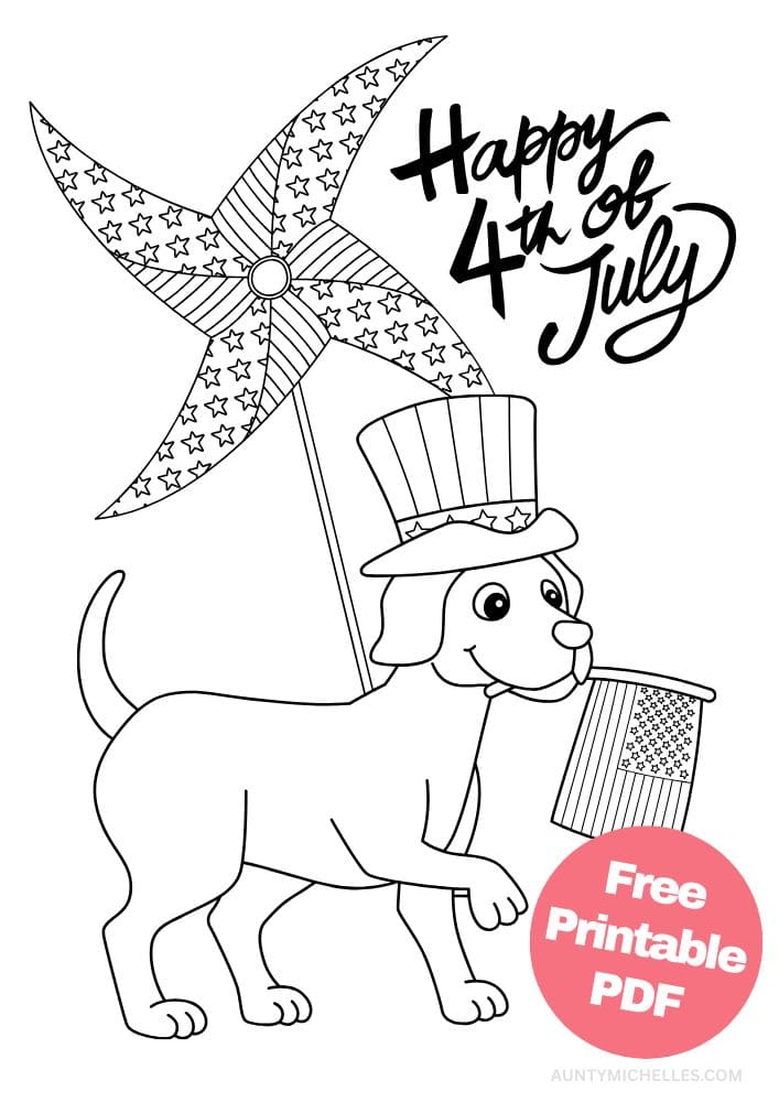 Free Printable 4th of July Coloring Pages for Kids Coloring Sheets Colouring Book PDF Download Independence Day USA America United States dog flag pinwheel
