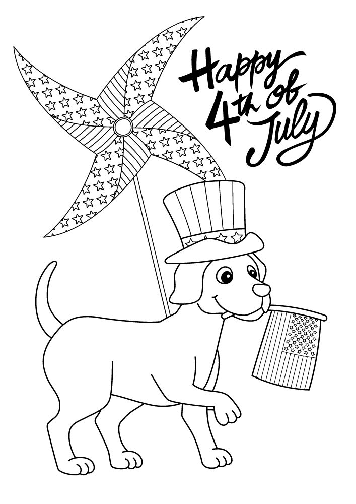 Free Printable 4th of July Coloring Pages for Kids Coloring Sheets Colouring Book PDF Download Independence Day USA America United States dog flag pinwheel