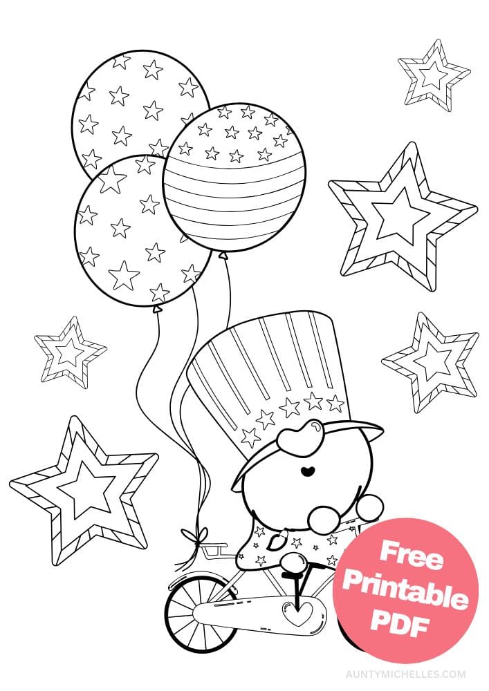 Free Printable 4th of July Coloring Pages for Kids Coloring Sheets Colouring Book PDF Download Independence Day USA America United States gnome bicycle stars stripes