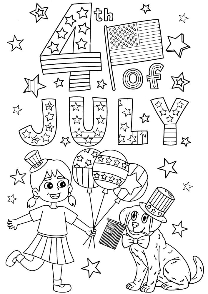 Free Printable 4th of July Coloring Pages for Kids Coloring Sheets Colouring Book PDF Download Independence Day USA America United States kid balloons dog flag stars