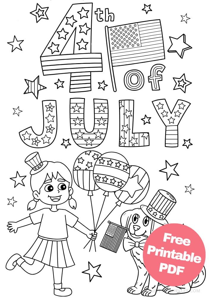 Free Printable 4th of July Coloring Pages for Kids Coloring Sheets Colouring Book PDF Download Independence Day USA America United States kid balloons dog flag stars.jpg