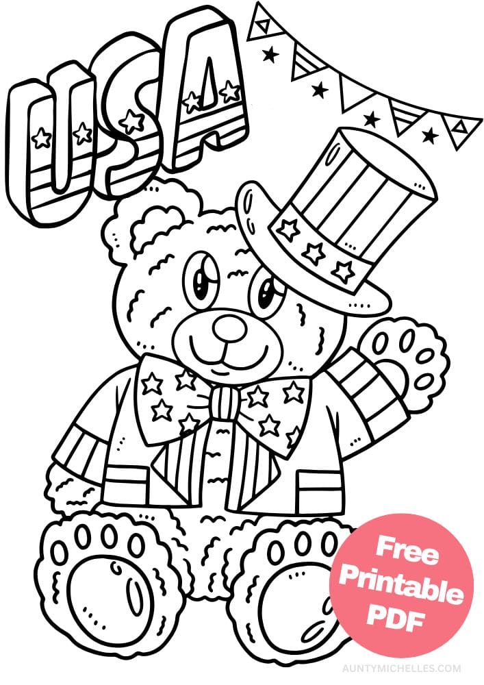 Free Printable 4th of July Coloring Pages for Kids Coloring Sheets Colouring Book PDF Download Independence Day USA America United States teddy bear uncle sam