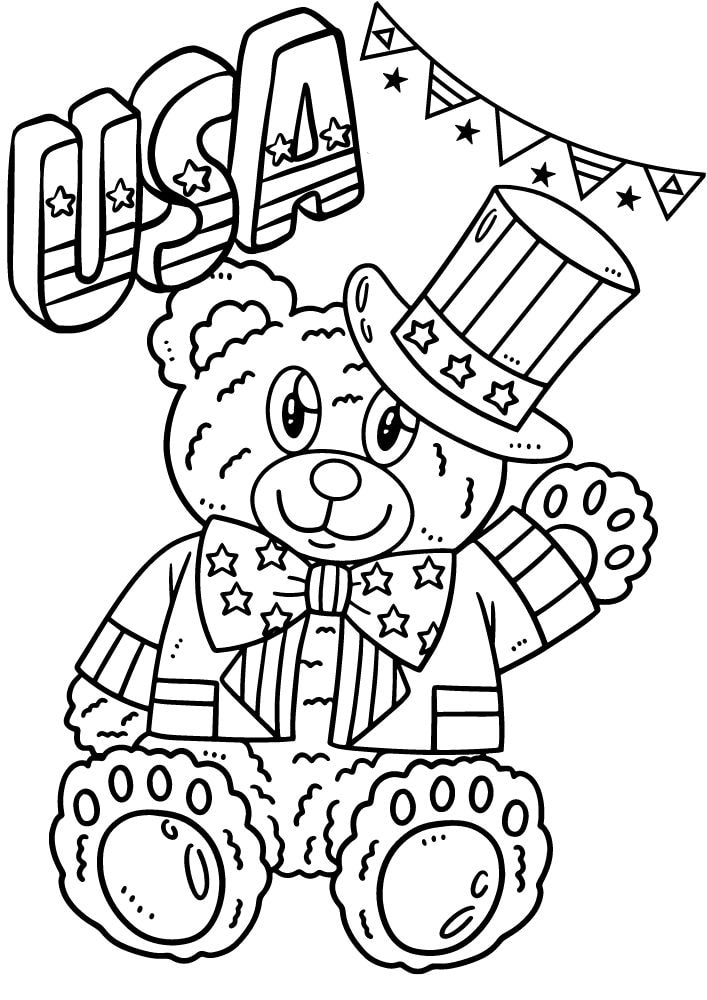 Free Printable 4th of July Coloring Pages for Kids Coloring Sheets Colouring Book PDF Download Independence Day USA America United States teddy bear uncle sam