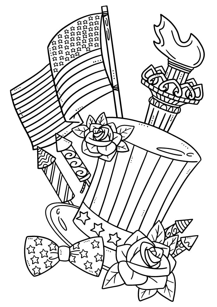 Free Printable 4th of July Coloring Pages for Kids Coloring Sheets Colouring Book PDF Download Independence Day USA America United States uncle sam hat flag torch liberty