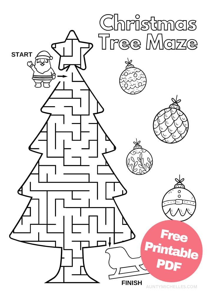 Free Printable Christmas Activities for Kids game christmas tree maze ornaments coloring page puzzle