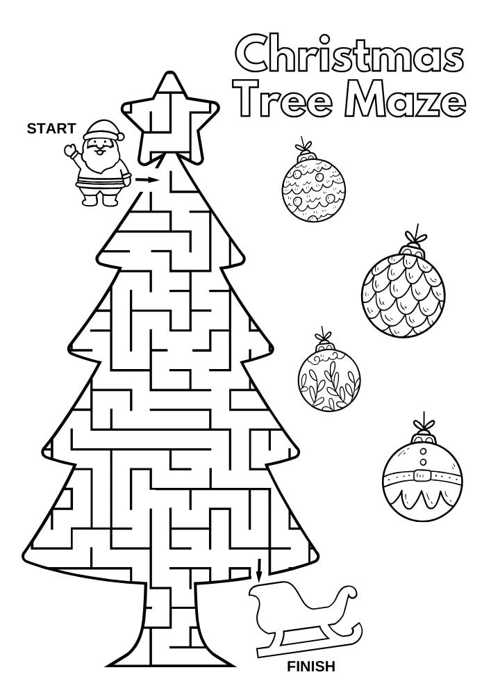 Free Printable Christmas Activities for Kids game christmas tree maze ornaments coloring page puzzle