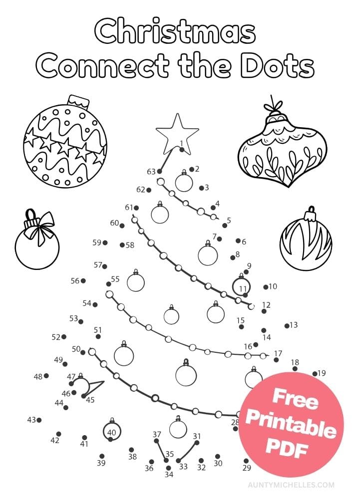 Free Printable Christmas Activities for Kids game connect the dots christmas tree ornaments coloring page