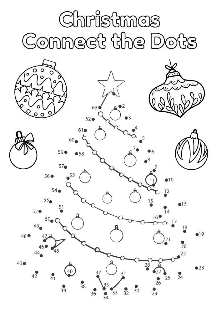 Free Printable Christmas Activities for Kids game connect the dots christmas tree ornaments coloring page