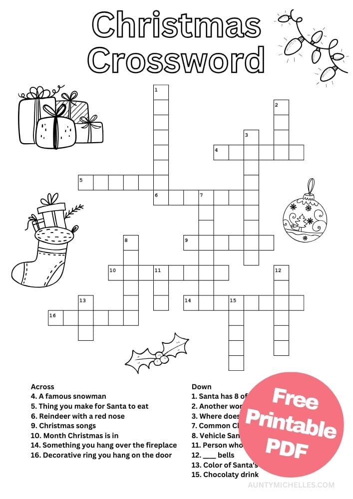 Free Printable Christmas Activities for Kids game puzzle Crossword Puzzle Coloring Page