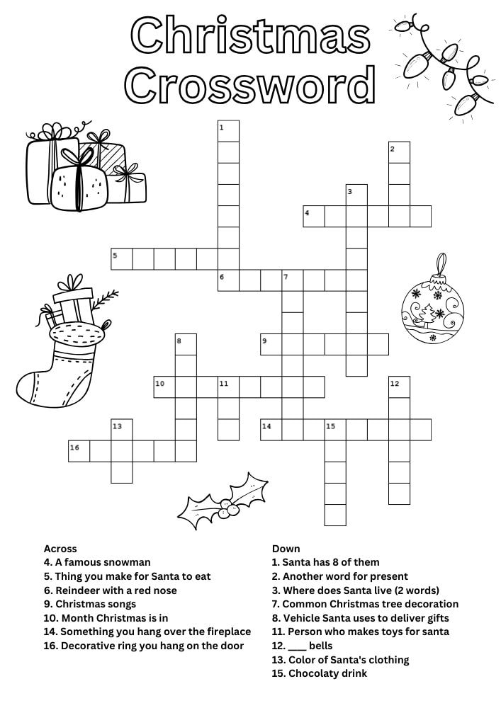 Free Printable Christmas Activities for Kids game puzzle Crossword Puzzle Coloring Page