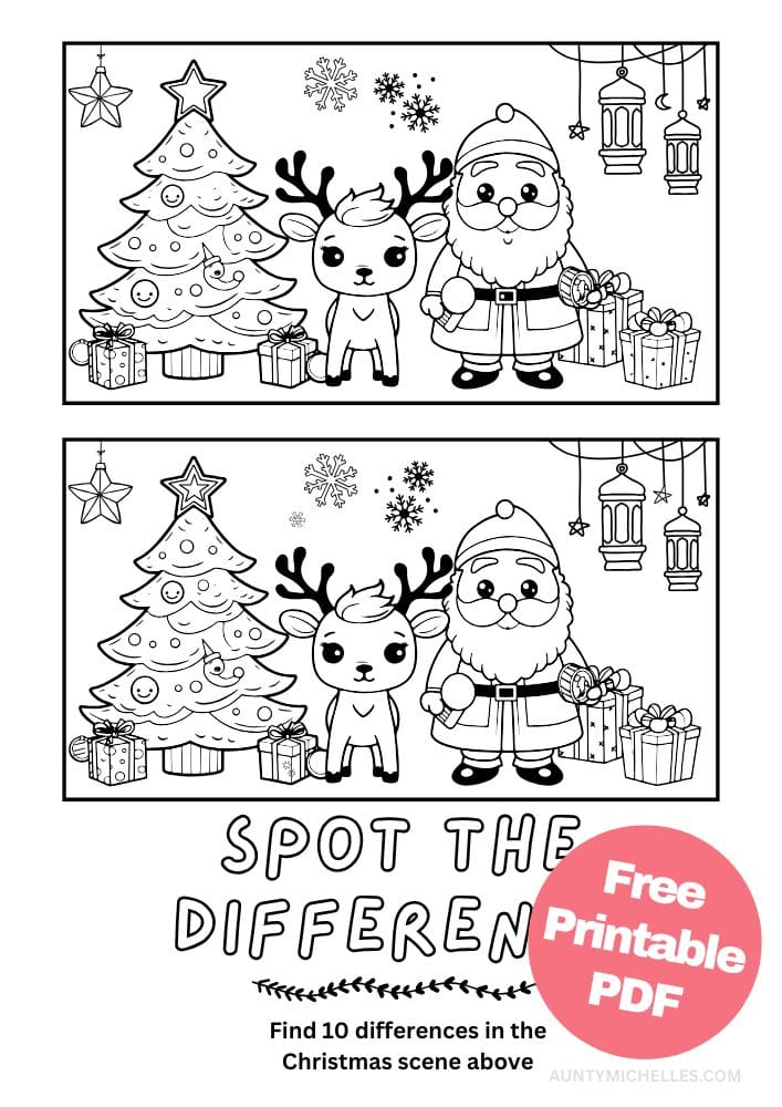 Free Printable Christmas Activities for Kids game puzzle spot the difference santa reindeer christmas tree