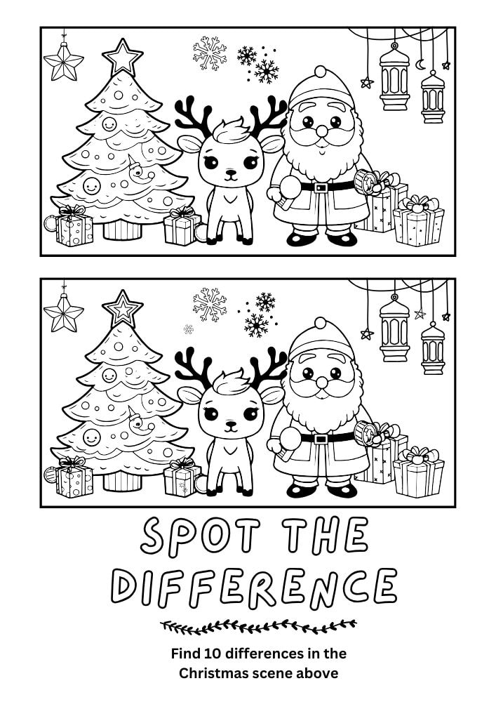 Free Printable Christmas Activities for Kids game puzzle spot the difference santa reindeer christmas tree