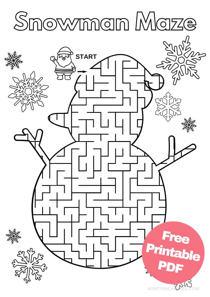 Free Printable Christmas Activities for Kids snowman maze puzzle snowflakes