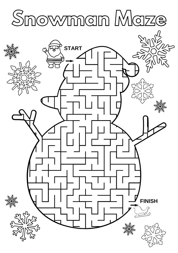 Free Printable Christmas Activities for Kids snowman maze puzzle snowflakes