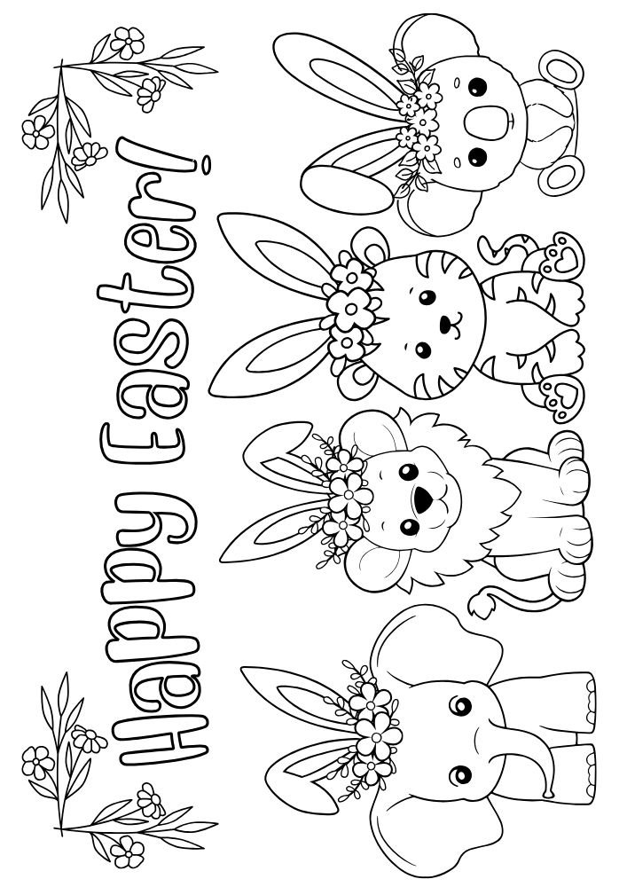 Free Printable Easter Coloring Pages for Kids colouring book sheets pdf printables happy easter cute animals in bunny ears koala tiger lion elephant 13